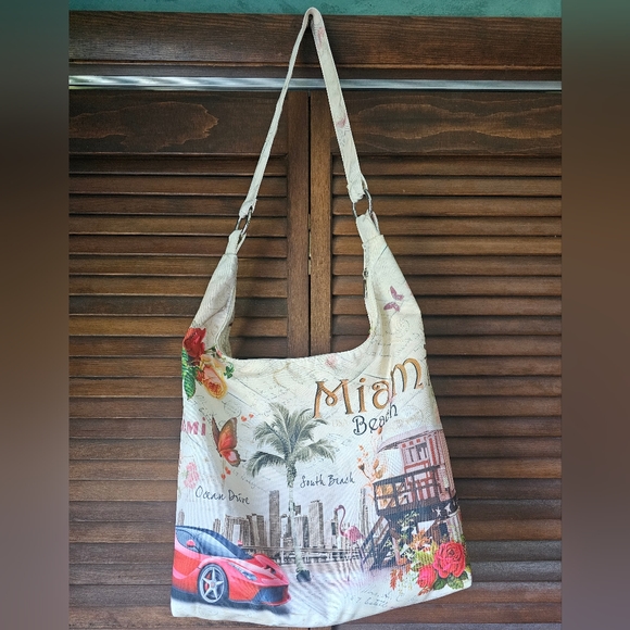 Miami Beach Vacation Postcard Print Zippered Shoulder Bag NWOT - Picture 3 of 12